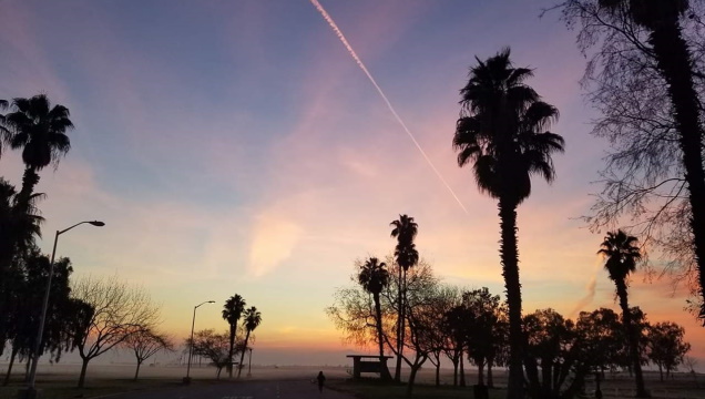 Buena Vista Lake with a "cotton candy"-colored sky